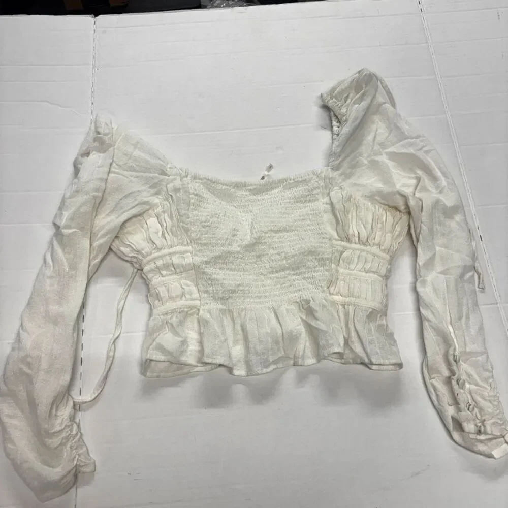 Free People Womens Medium Ivory Smocked Crop Top Puff Sleeve Boho Peasant